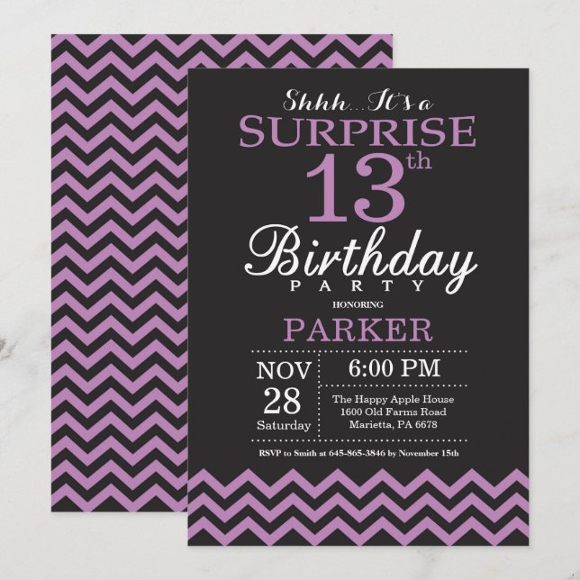 Sorpresa 13 cumpleaños invitación negro y morado (Anverso / Reverso)