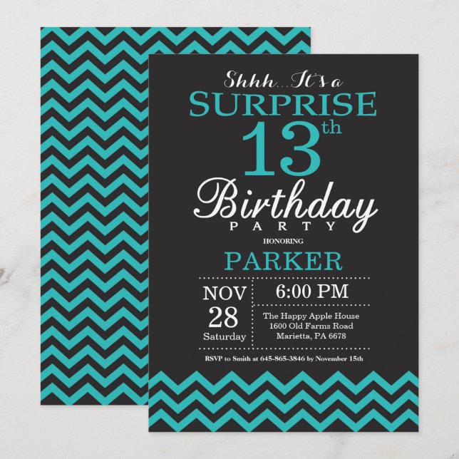 Sorpresa 13 cumpleaños invitación negro y Verde az (Anverso / Reverso)