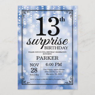 Sorpresa 13 cumpleaños invitación Purpurina azul
