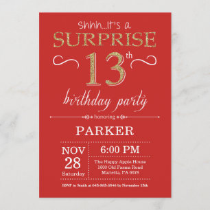 Sorpresa 13 cumpleaños invitación rojo y oro