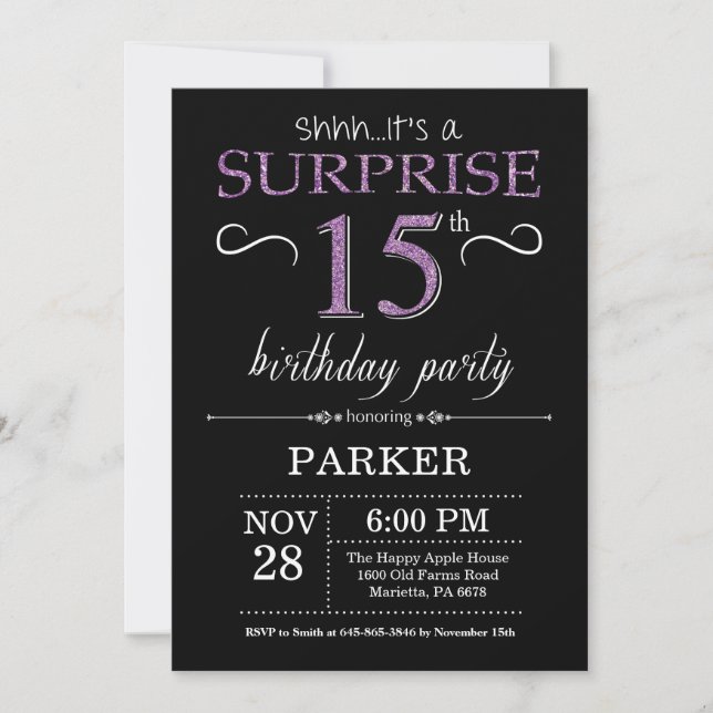 Sorpresa 15ª invitación de cumpleaños negro y mora (Anverso)