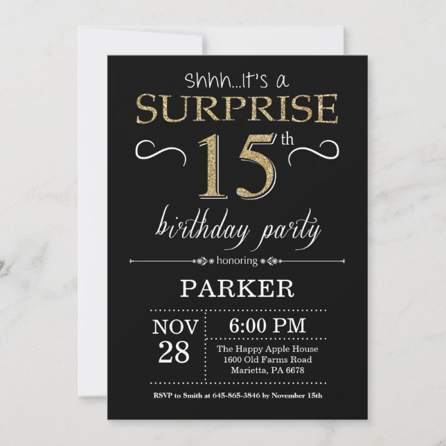 Sorpresa 15ª invitación de cumpleaños negro y oro (Anverso)