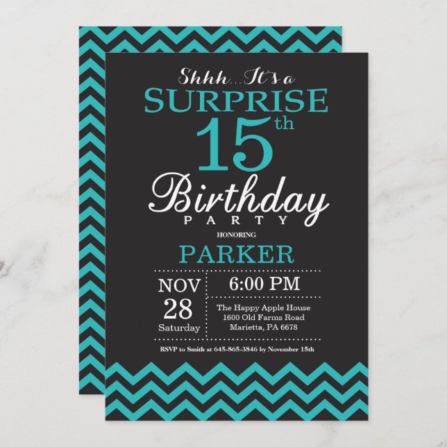 Sorpresa 15ª invitación de cumpleaños negro y Verd (Anverso / Reverso)