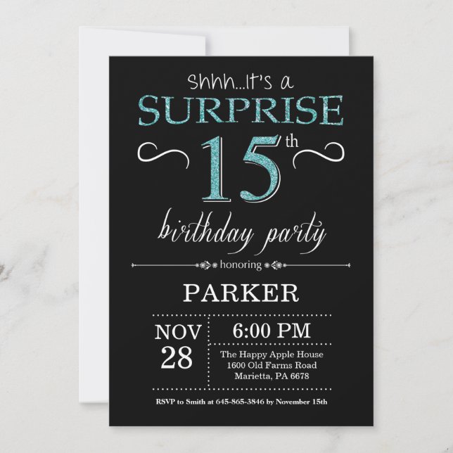 Sorpresa 15ª invitación de cumpleaños negro y Verd (Anverso)