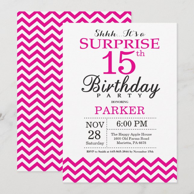 Sorpresa 15.ª invitación de cumpleaños Chevron ros (Anverso / Reverso)