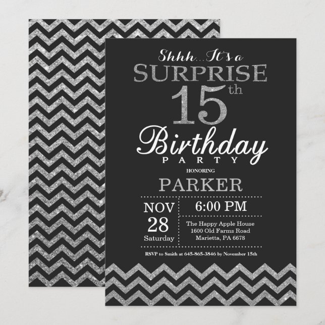 Sorpresa 15.º Purpurina plateado de la invitación  (Anverso / Reverso)
