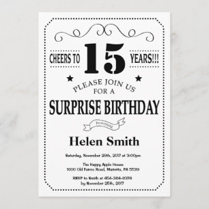 Sorpresa 15 cumpleaños invitación blanco y negro