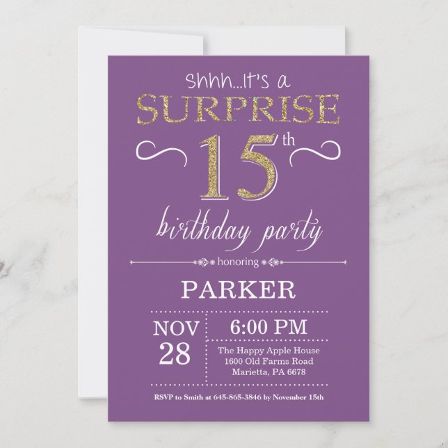 Sorpresa 15 cumpleaños invitación morado y oro (Anverso)