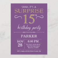 Sorpresa 15 cumpleaños invitación morado y oro
