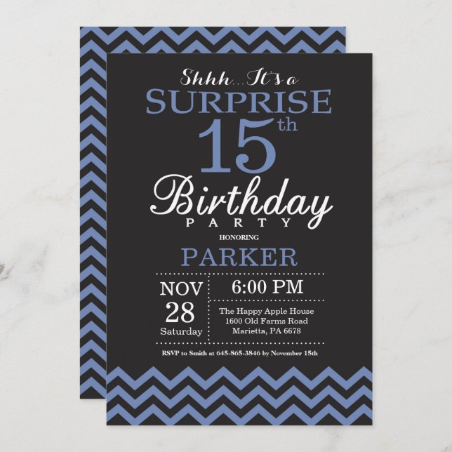Sorpresa 15 cumpleaños invitación negro y azul (Anverso / Reverso)