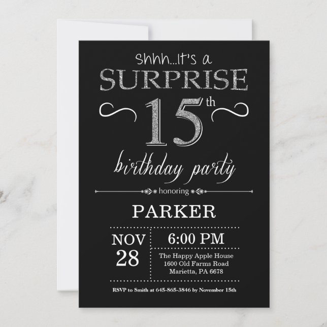 Sorpresa 15 cumpleaños invitación negro y plata (Anverso)