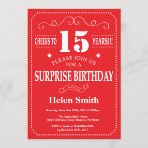 Sorpresa 15 cumpleaños invitación rojo y blanco