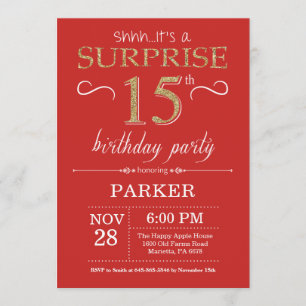 Sorpresa 15 cumpleaños invitación rojo y oro
