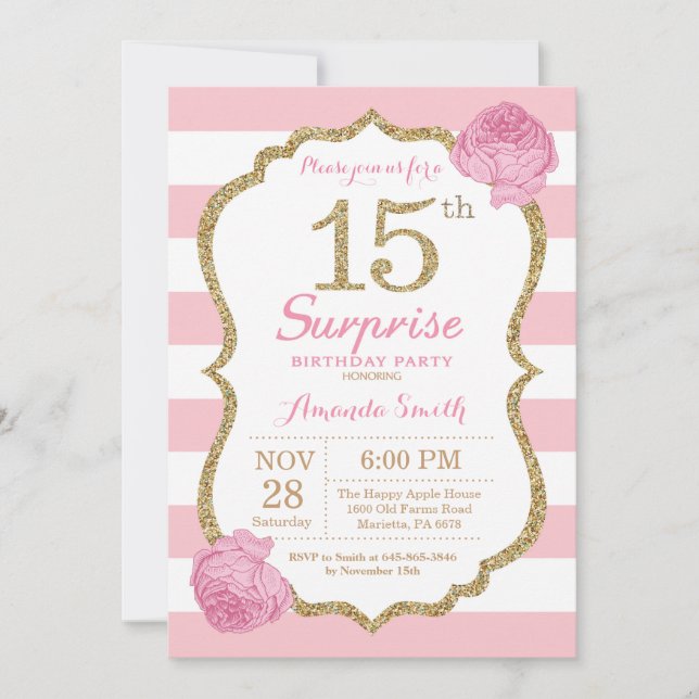 Sorpresa 15 cumpleaños invitación rosa y oro (Anverso)