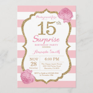 Sorpresa 15 cumpleaños invitación rosa y oro