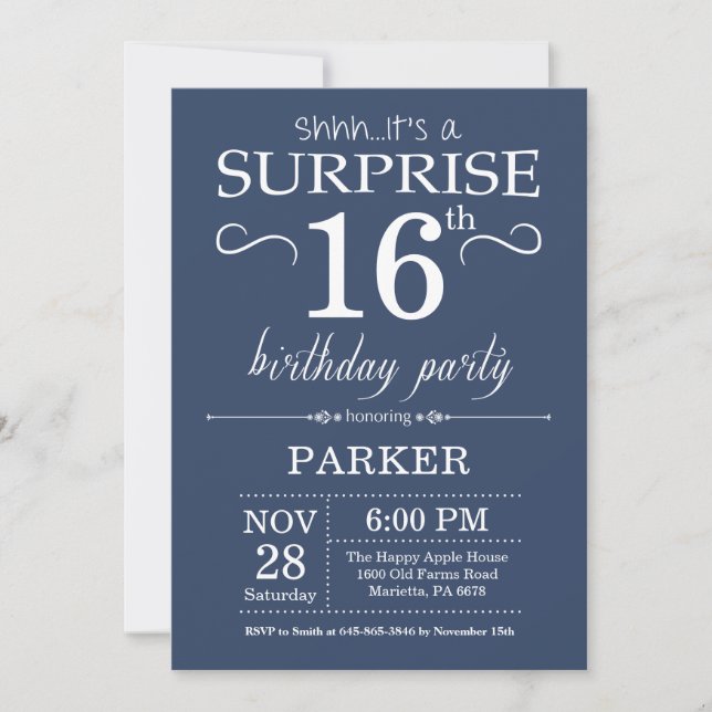 Sorpresa 16ª invitación de cumpleaños Azul (Anverso)