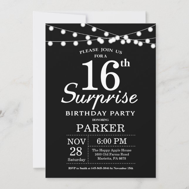 Sorpresa 16ª invitación de cumpleaños blanco y neg (Anverso)