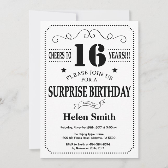 Sorpresa 16ª invitación de cumpleaños blanco y neg (Anverso)