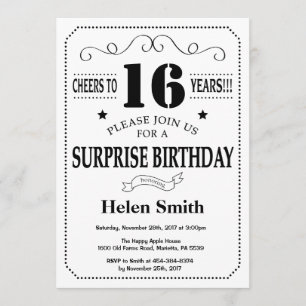 Sorpresa 16ª invitación de cumpleaños blanco y neg