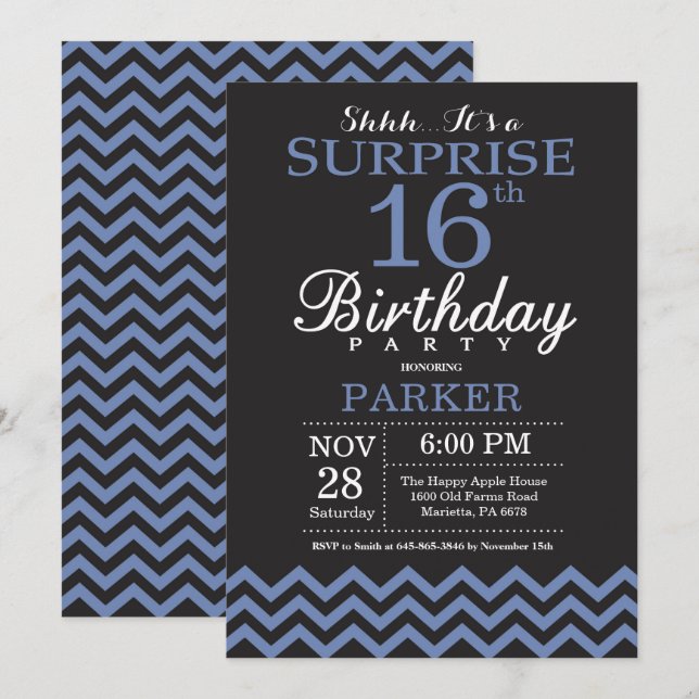 Sorpresa 16ª invitación de cumpleaños negro y azul (Anverso / Reverso)