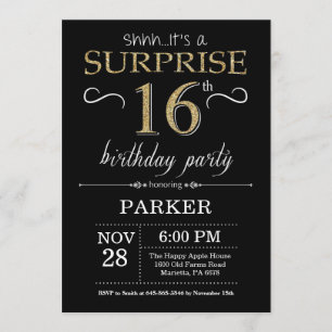 Sorpresa 16ª invitación de cumpleaños negro y oro