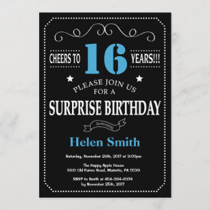 Sorpresa 16º cumpleaños Invitación azul y negro