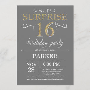 Sorpresa 16º cumpleaños Invitación gris y oro