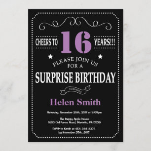 Sorpresa 16º cumpleaños Invitación morado y negro