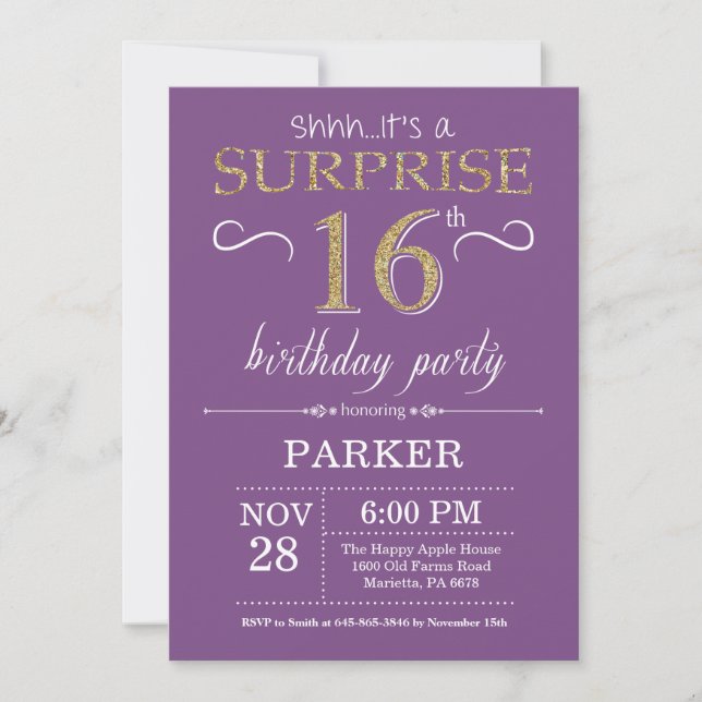 Sorpresa 16º cumpleaños invitación morado y oro (Anverso)
