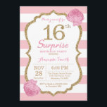 Sorpresa 16º cumpleaños Invitación rosa y oro<br><div class="desc">Sorpresa Invitación a los 16 Años. Rosa y Oro. Brillantina dorada. Rayas rosas y blancas. Flor Floral Rosa. Cumpleaños de niños. Fiesta de cumpleaños de la chica Lady Adolescente. Para una mayor personalización,  haga clic en el botón "Personalizar" y utilice nuestra herramienta de diseño para modificar esta plantilla.</div>