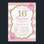 Sorpresa 16º cumpleaños Invitación rosa y oro<br><div class="desc">Sorpresa Invitación a los 16 Años. Rosa y Oro. Brillantina dorada. Rayas rosas y blancas. Flor Floral Rosa. Cumpleaños de niños. Fiesta de cumpleaños de la chica Lady Adolescente. Para una mayor personalización,  haga clic en el botón "Personalizar" y utilice nuestra herramienta de diseño para modificar esta plantilla.</div>