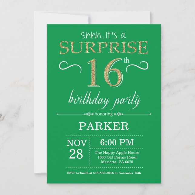 Sorpresa 16º cumpleaños Invitación Verde y Oro (Anverso)