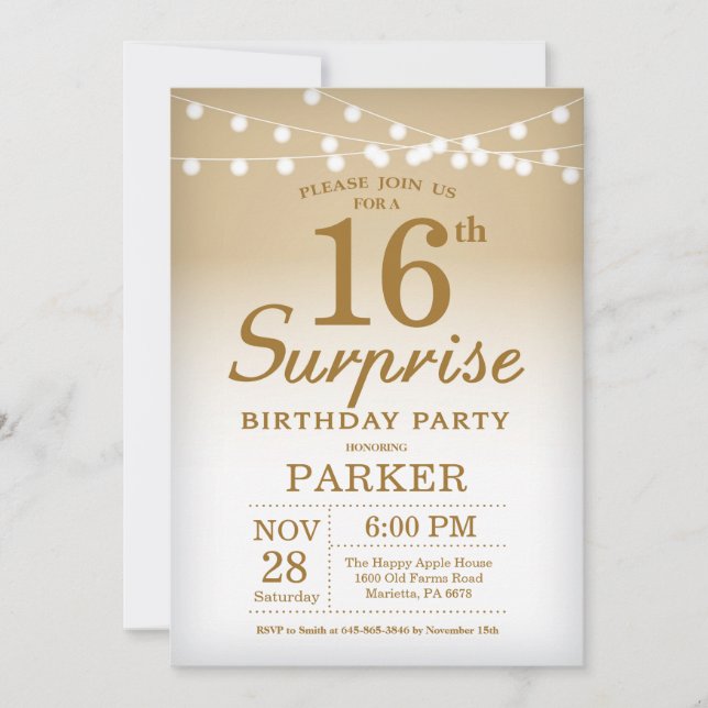 Sorpresa 16.º oro de la invitación de cumpleaños (Anverso)