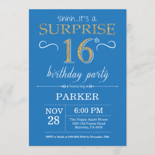 Sorpresa 16 cumpleaños invitación azul y oro