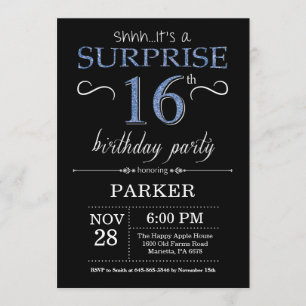 Sorpresa 16 cumpleaños invitación negro y azul