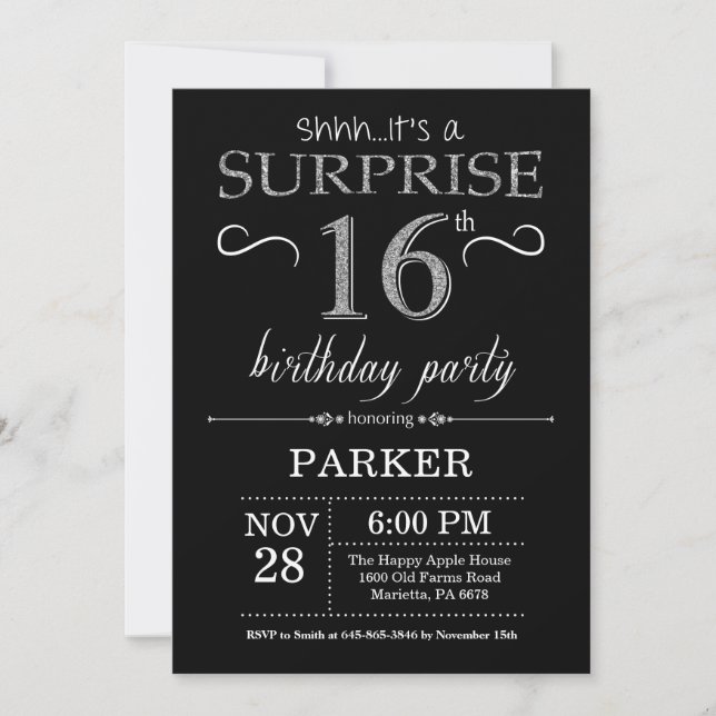 Sorpresa 16 cumpleaños invitación negro y plata (Anverso)
