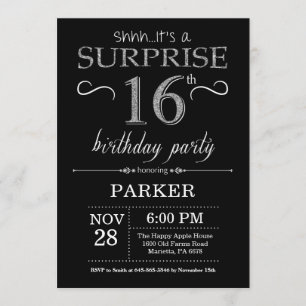 Sorpresa 16 cumpleaños invitación negro y plata