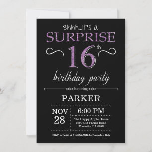 Sorpresa 16 cumpleaños invitación negro y púrpura