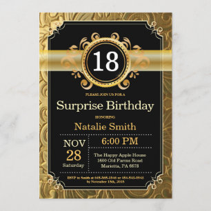 Sorpresa 18ª invitación de cumpleaños negro y oro