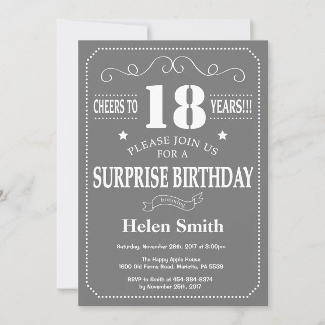 Sorpresa 18º cumpleaños Invitación gris y blanco (Anverso)
