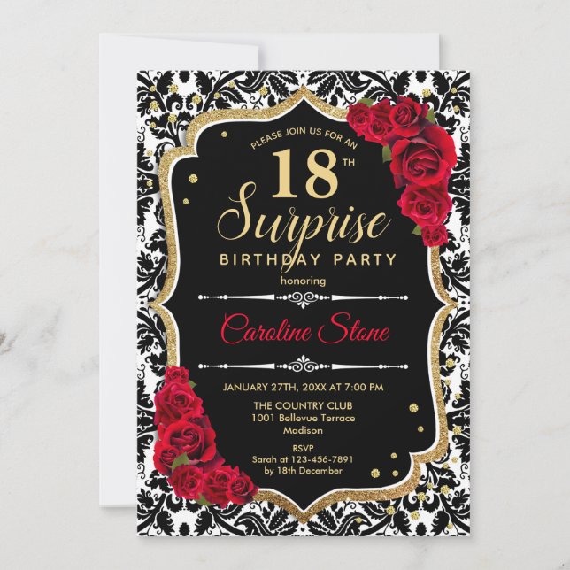 Sorpresa 18º cumpleaños - Invitación roja de oro n (Anverso)