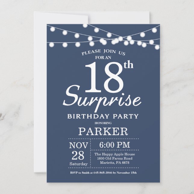 Sorpresa 18.ª invitación de cumpleaños Azul (Anverso)