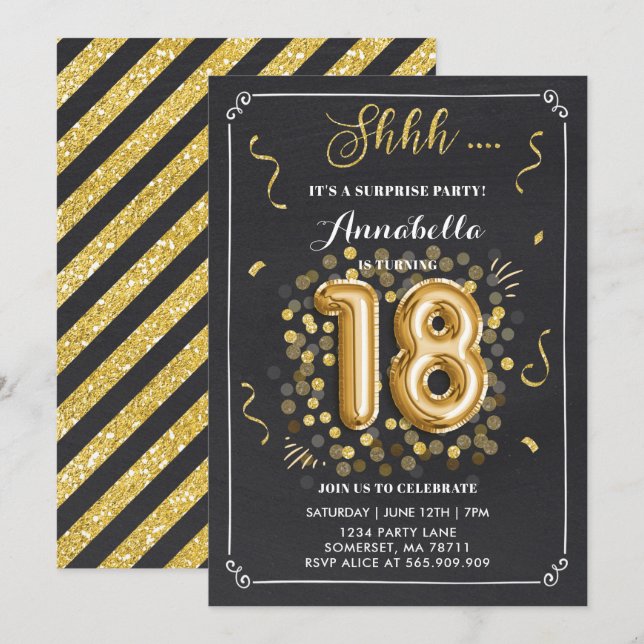 Sorpresa 18.ª Invitación de cumpleaños Cartón de o (Anverso / Reverso)