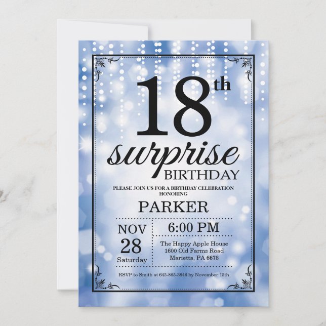 Sorpresa 18.ª invitación de cumpleaños Purpurina a (Anverso)