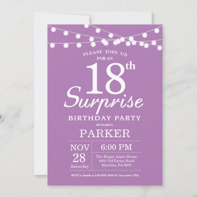 Sorpresa 18 cumpleaños Invitación Lavanda púrpura (Anverso)