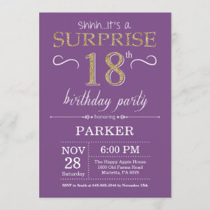 Sorpresa 18 cumpleaños invitación morado y oro