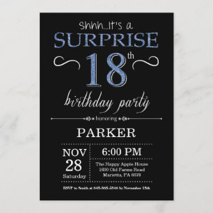 Sorpresa 18 cumpleaños invitación negro y azul