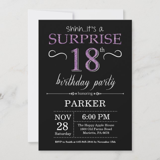 Sorpresa 18 cumpleaños invitación negro y púrpura (Anverso)