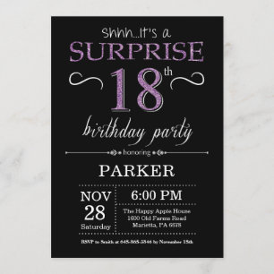 Sorpresa 18 cumpleaños invitación negro y púrpura