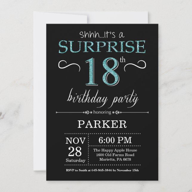 Sorpresa 18 cumpleaños invitación negro y Verde az (Anverso)
